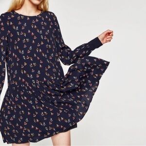 Zara Women’s Navy Yoga Poses Patterned Drop Waist Long Sleeve Dress